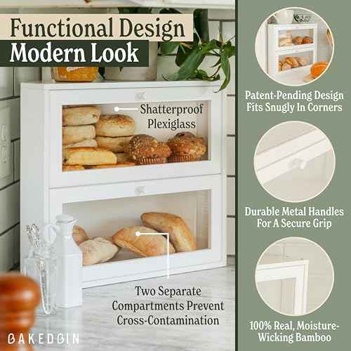 Corner Bread Box for Kitchen Countertop - New 2026 Airtight Design - Extra Large, Double Layer White Breadbox, Vintage Storage for Homemade Bread, Under Cabinet Organizer