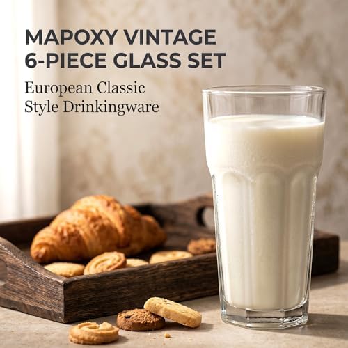 Mapoxy 16oz Highball Glasses Set of 6, Thick Lead-Free Glass Tumblers