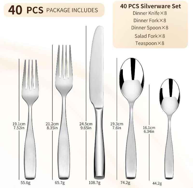 40 Piece Silverware Set for 8, Heavy 18/10 Stainless Steel Flatware Set