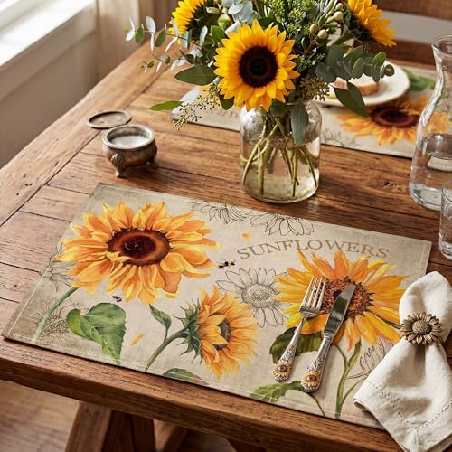 Sunflower Linen Placemats Set of 4, 12x18 Inch Farmhouse Spring Summer