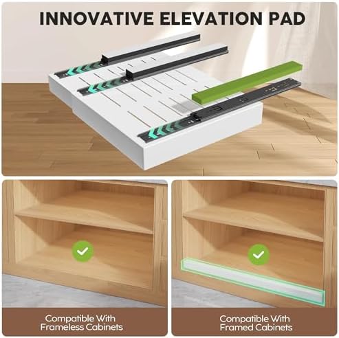 Seinloes 2 Pack Pull Out Cabinet Organizers 21"Deep with Raising Pad for Framed Cabinets,Expandable Slide Out Drawers Upgrade 3 Slide Rails,Roll Out Shelves Adhesive,Adjustable Width 12"-20.45" White