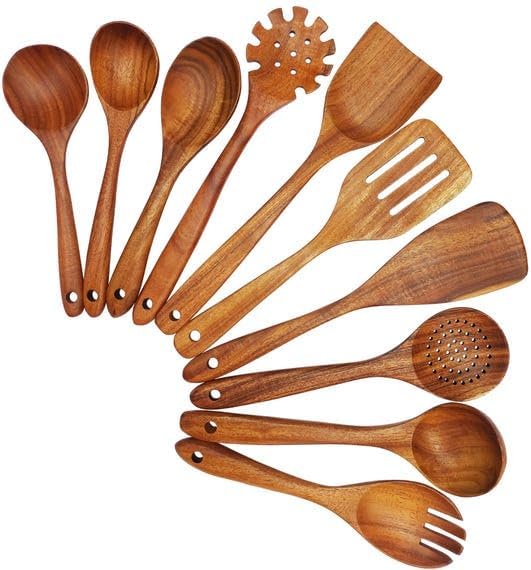10-Piece Natural Teak Wooden Utensil Set