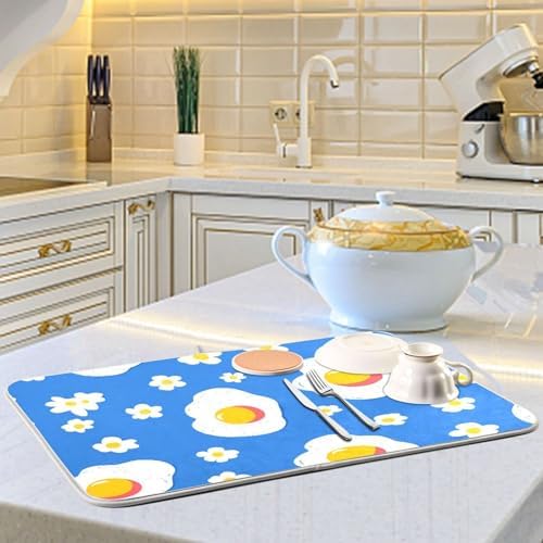 OTVEE Blue Breakfast Art Dish Drying Mat for Kitchen Counter Absorbent