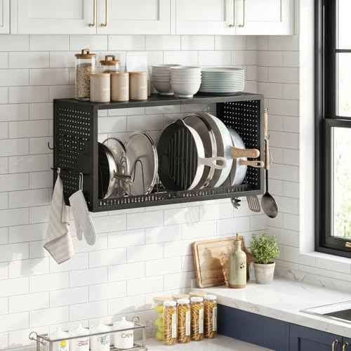 CHOEZON 3 in 1 Pot Rack Wall Mounted, 31 In Pots and Pans Organizer with 12 Hooks, 100 Lbs Capacity Hanging Pot Rack, for Utensil, Sturdy Storage Rack with Pot Lid Holder, for Kitchen, Black TPR30BB