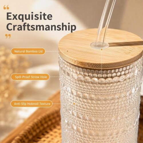 Hobnail Glass Cups with Lids and Straws 16 oz Drinking Glasses