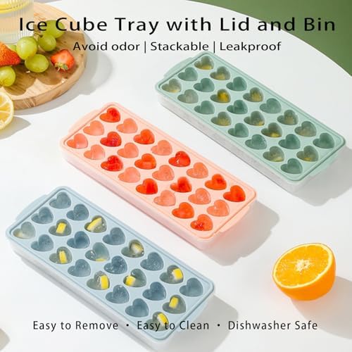 2 Pack Heart-Shaped Ice Cube Trays with lid and bin - 48 Holes