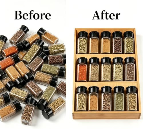 Spice Drawer Organizer for Cabinet, 3 Tier Bamboo Spice Rack Tray for