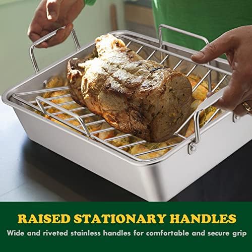 E-far Roasting Pan, 16 x 11.5 Inch Stainless Steel Turkey Roaster with