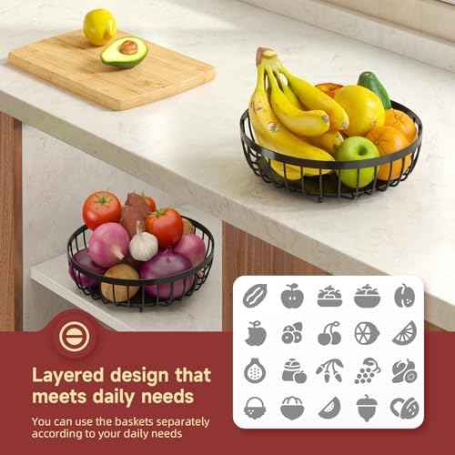 Sevenblue 2 Tier Large Fruit Bowl for Kitchen Counter with 2 Banana Hangers