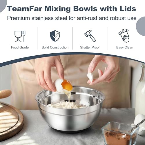 TeamFar Mixing Bowls, Stainless Steel Salad Bowls with Lids - Black