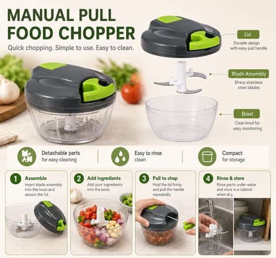 Mini Food Processor Vegetable Chopper, Manual Portable Hand Pull
