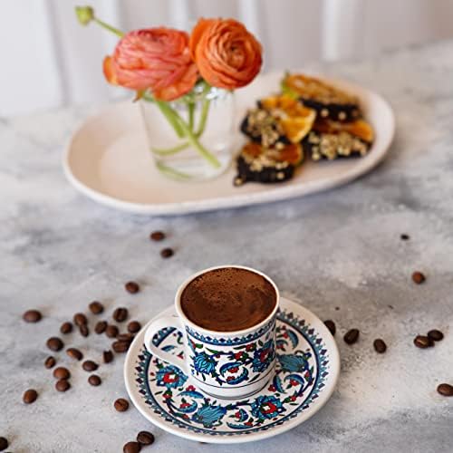 Turkish Coffee Cups Set of 2 with Saucers and Cup Holder, Ceramic