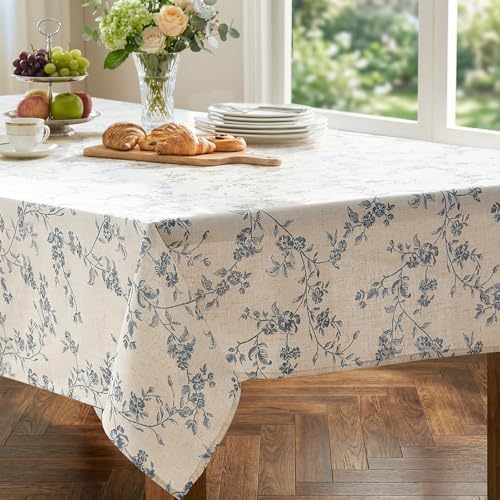 jinchan Blue Farmhouse Floral Linen Rectangle Table Cloth 52 x 70 Inch