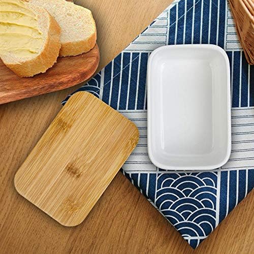 Porcelain Butter Dish with Bamboo Lid, Ceramic Butter Keeper Container