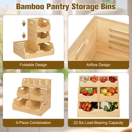 Potato and Onion Storage Bin, 3-Tier Stackable Bamboo Pantry Bins