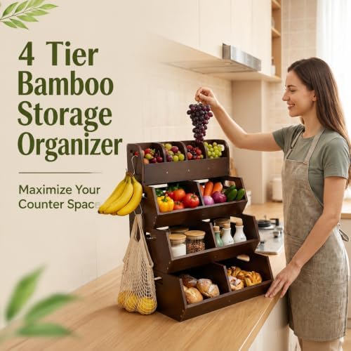 Wenqik 4 Tier 16'' Stackable Bamboo Pantry Storage Bins for Kitchen