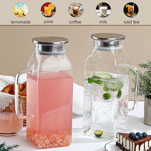 2 Pack 2L/68oz Square Glass Pitchers with Handle and Lid, Borosilicate