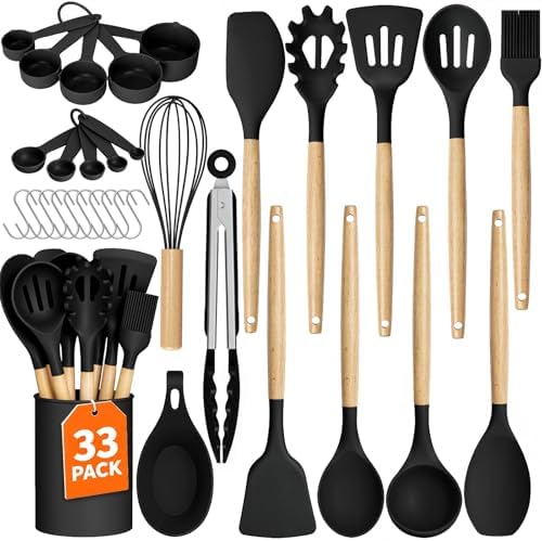 33Pcs Kitchen Utensils Set Silicone Cooking Utensils Set with Wooden