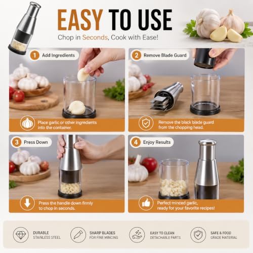 Manual Food Chopper, Stainless Steel Garlic Mincer
