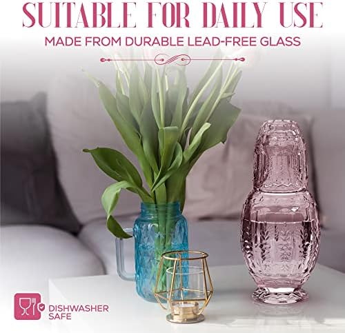 Elle Decor Vintage Bedside Water Carafe Set with Tumbler Lid, Pink