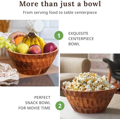 Wooden Salad Bowl - 11" Large Serveware Set w/Serving Utensils & Table