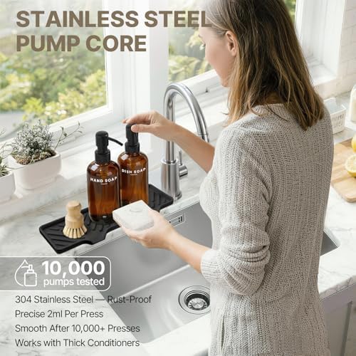 Kitchen Soap Dispenser Set with Self-Draining Tray, Brush and Sponge