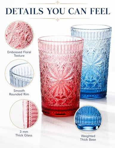 Drinking Glass Set of 6, 13oz Colored Glass Cup Glassware Set