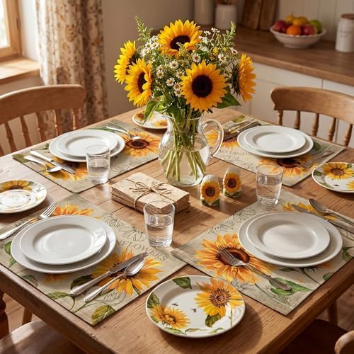 Sunflower Linen Placemats Set of 4, 12x18 Inch Farmhouse Spring Summer