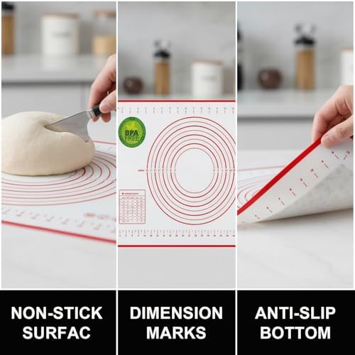 Rolling Pin and Silicone Baking Mat Set, Non-Stick Beech Wood Rolling
