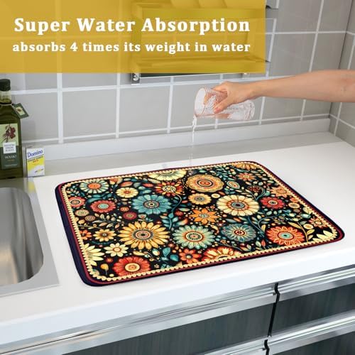 Boho Floral Dish Drying Mat for Kitchen Counter Absorbent Microfiber
