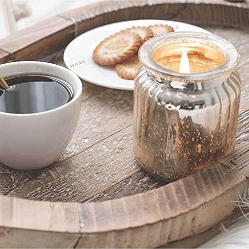 Modern Oval Wood Tray, Rustic Distressed Brown with Gold Handles