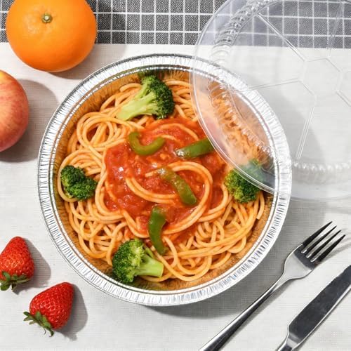 50 Pack 9" Round Aluminum Pans with Clear Lids, Pie Tins Disposable