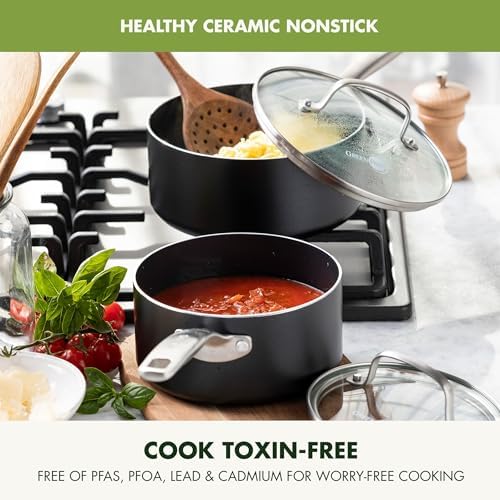 GreenPan Prime Chatham 1QT & 2QT Saucepan Pot Set with Glass Lids