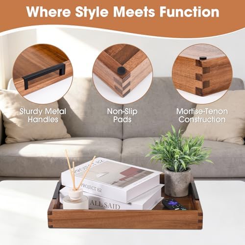 Joy&Grace Acacia Wood Serving Tray with Handles 17" x 13", Natural