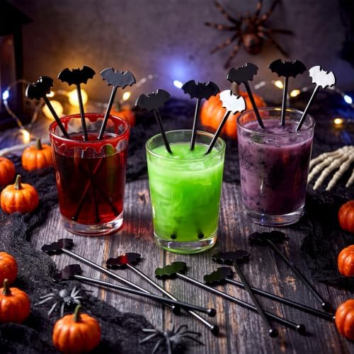 Silifine 100 Pcs Halloween Swizzle Sticks Plastic Bat Drink Stirrers