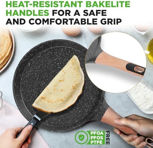 NutriChef 9.45” Non-Stick Crepe Pan with Wooden Spreader, Durable