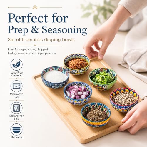 Ceramic Dipping Bowls Set of 6, 2.7 oz Boho Soy Sauce & Condiment