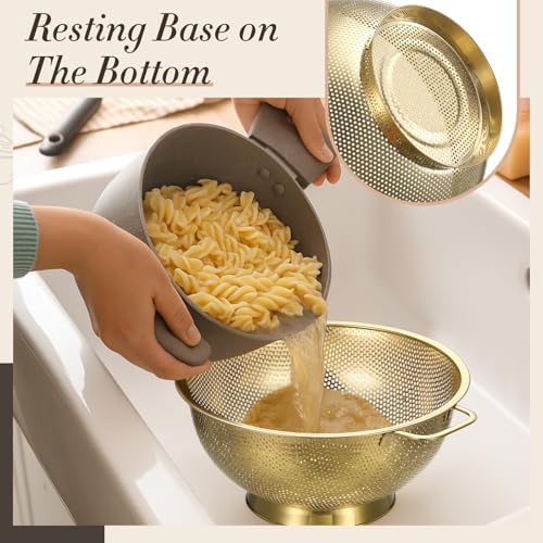 Baderke 6 Pcs Gold Kitchen Accessories Set Includes 3 Gold Mixing Bowls with Airtight Lids Stainless Steel Colander Grater Slicer and Fine Mesh Strainer (Mixing Bowls: 3.7/5/7 Qt, Colander: 5 Qt)