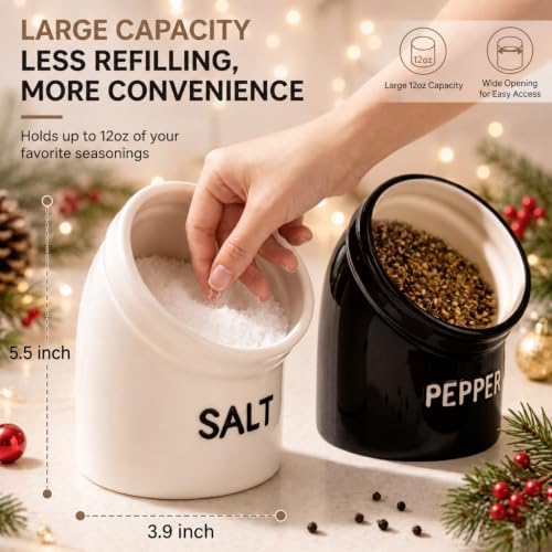 2 Pcs 12oz Christmas Ceramic Salt Pig & Pepper Crock Kitchen Decor