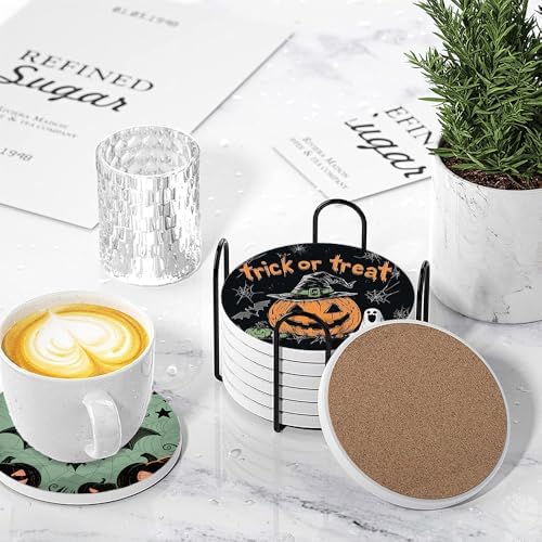 Halloween Drink Absorbent Coasters with Holder Set of 6, Ceramic Stone