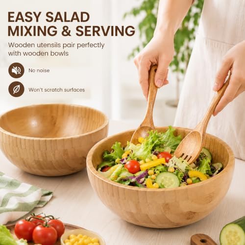 2 Sets Wood Salad Bowl with Spoons Forks, Large Natural Wooden Bowls