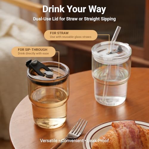 Luxfuel 16 oz Glass Cups with Lids and Straws Reusable Iced Coffee