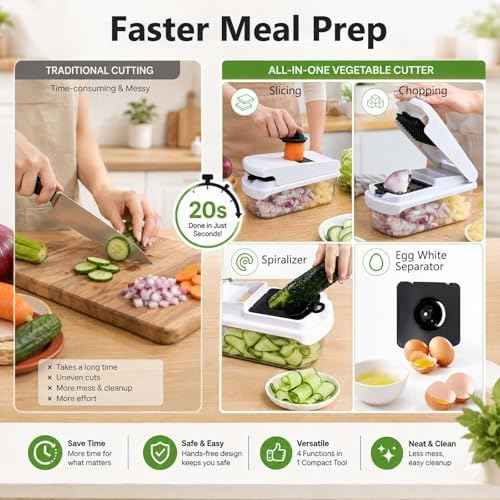 18-in-1 Vegetable Chopper Mandoline Slicer for Kitchen, Food Chopper with Container, Veggie Cutter, Onion Mincer Tomato Dicer, Fruit Slicer Spiralizer, Cheese Grater, Kitchen Gadgets House Essentials