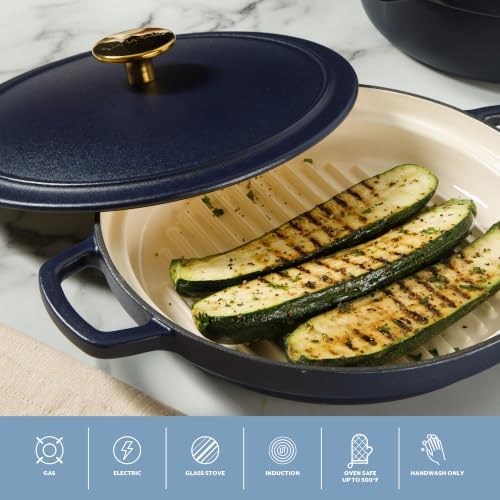Sur La Table Kitchen Essentials 4-Piece Enameled Cast Iron Stackable Cookware Set, 5.3 Qt Dutch Oven with Lid, Braiser & Grill Pan, Navy Blue, Gold Knob Oven Safe to 500°F, Induction Compatible