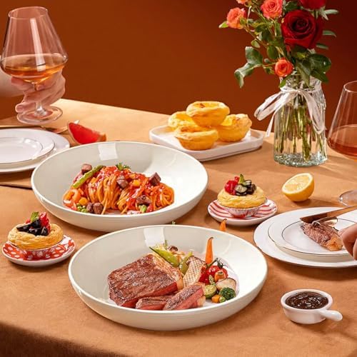 White Ceramic Pasta Bowls Set of 4, 8.7 Inch Large Deep Salad Plates