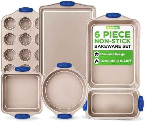 NutriChef 6-Piece Nonstick Bakeware Set - Premium Carbon Steel Baking Trays w/Heat-Safe Silicone Handles - Includes Loaf Pan, Muffin/Cupcake Pan, Round & Square Roaster Pans, Cookie Sheet - NCSBSG36