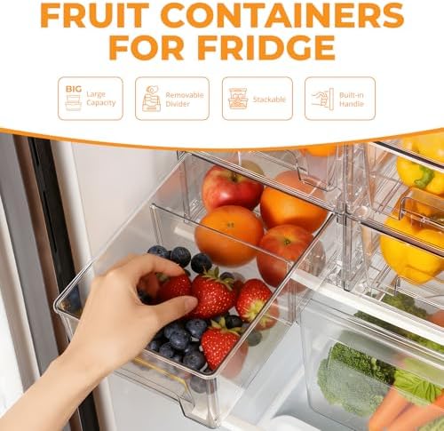 4 Pack Stackable Storage Drawers with Handles, Easy Assembly Clear Acrylic Fridge Organizer, Refrigerator Organizers and Storage for Kitchen, Under Sink, Pantry, Bathroom