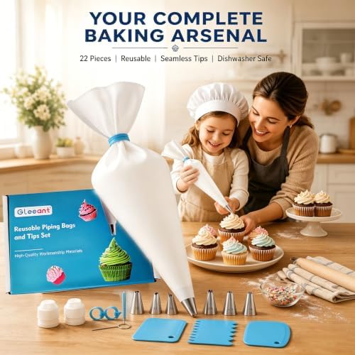 22pc Reusable Piping Bags and Tips Set -Cotton Pastry Bags, piping kit
