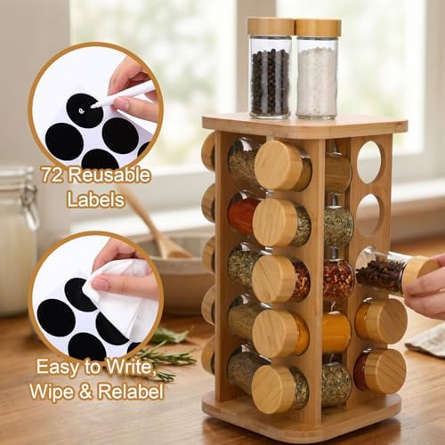 Sliner 20-jar Rotating Countertop Spice Rack Organizer with Bamboo