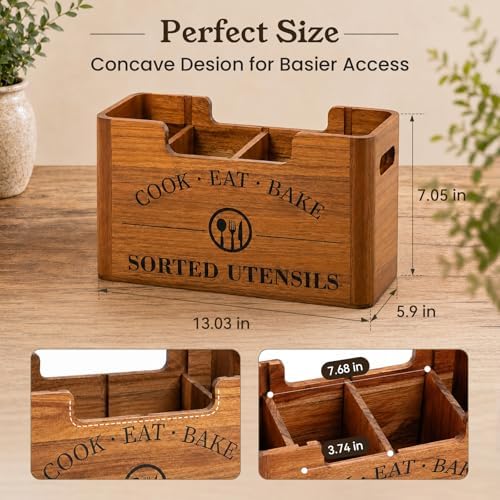 Upgraded Large 4-Compartment Acacia Wood Kitchen Utensil Holder